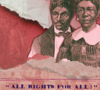 A collage promoting Douglass Day on February 13, 2026, featuring historical illustrations of Dred Scott and Harriet Robinson Scott, accompanied by a faded convention scene in the background. A banner beneath reads "ALL RIGHTS FOR ALL!"