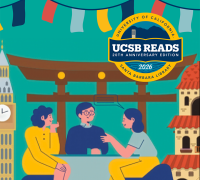 Three people are sitting at a table, engaged in conversation in front of world landmarks. 