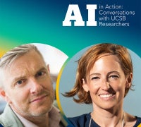 AI in Action logo and portraits of Simon Billinge and Nina Miolane