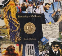 UCSB diploma with gold seal centered in collage of students, purple-and-gold tassel and graduation photos.