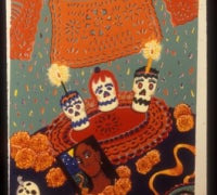 An illustration of a Día de los Muertos offering featuring sugar skulls with candles, marigold flowers, a framed portrait of a woman, and orange papel picado hanging overhead.