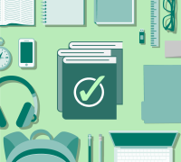 Illustration of a grid of items around a three books with a checkmark