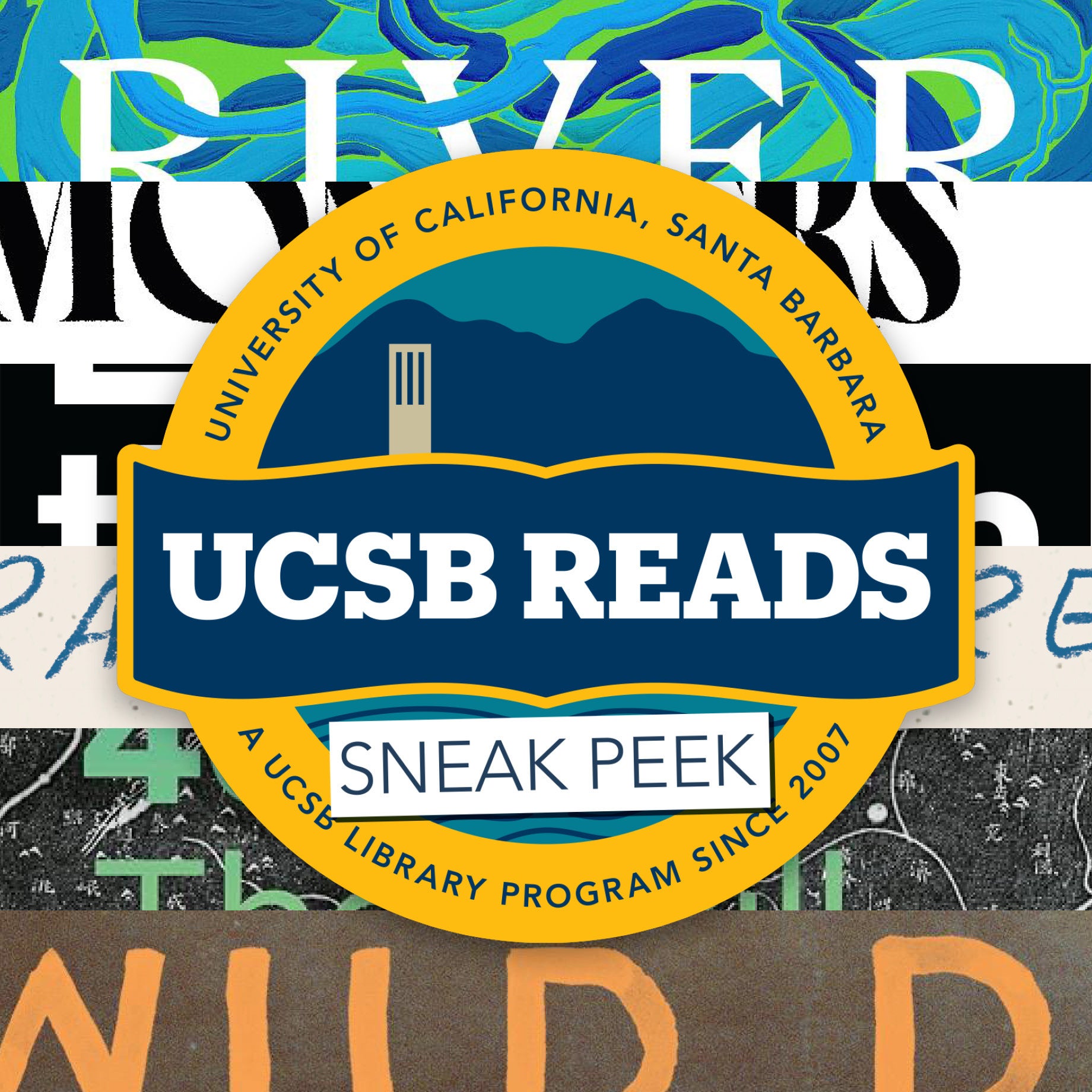 A navy and gold UCSB Reads Sneak Peek badge overlaying a collage of stylized, colorful text cropped from six book covers