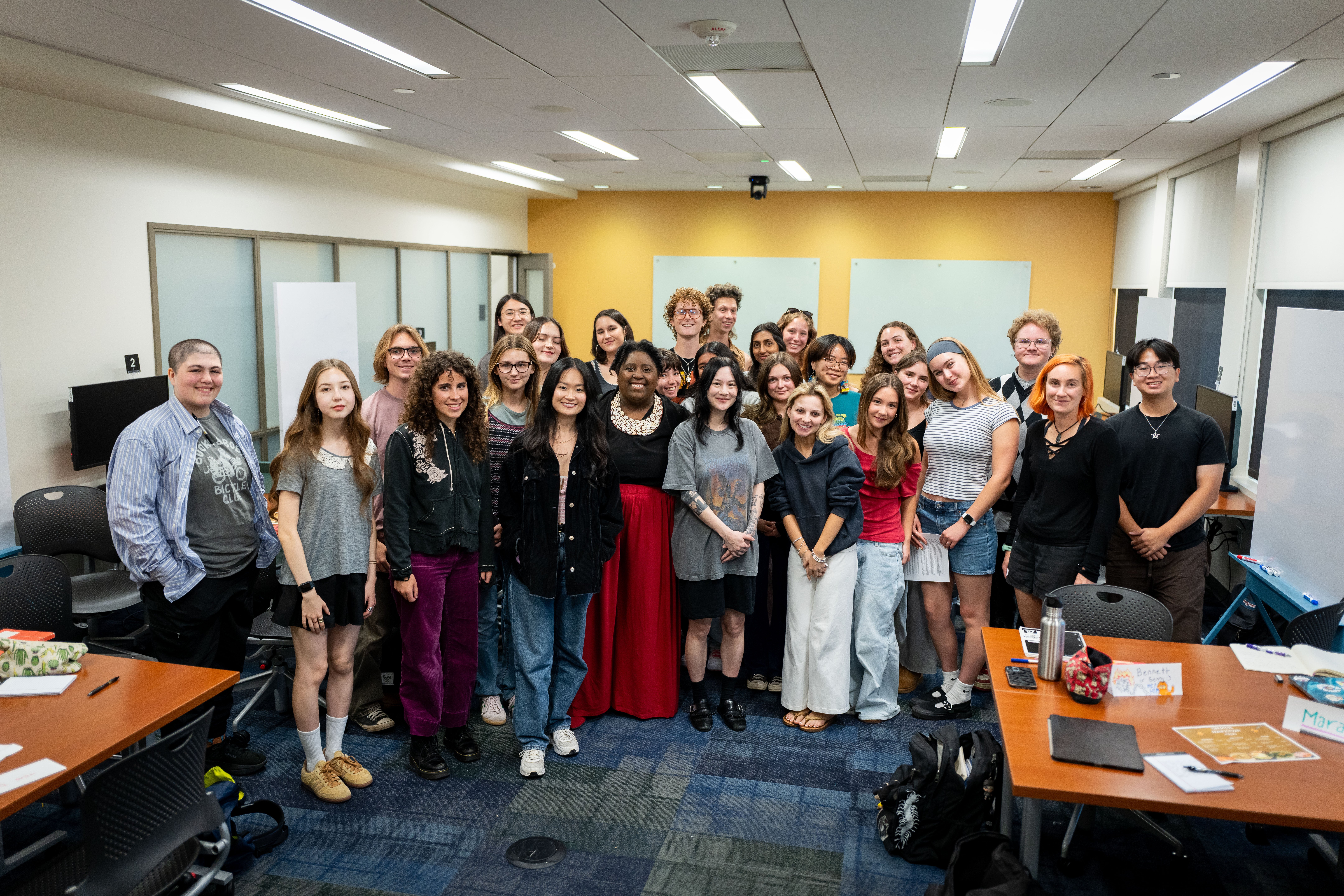Michelle Zauner, Professor Michelle Petty and 25 students from Petty's Introduction to Creative Writing class. Zauner met with the class on May 7 during a special session held in the Library.
