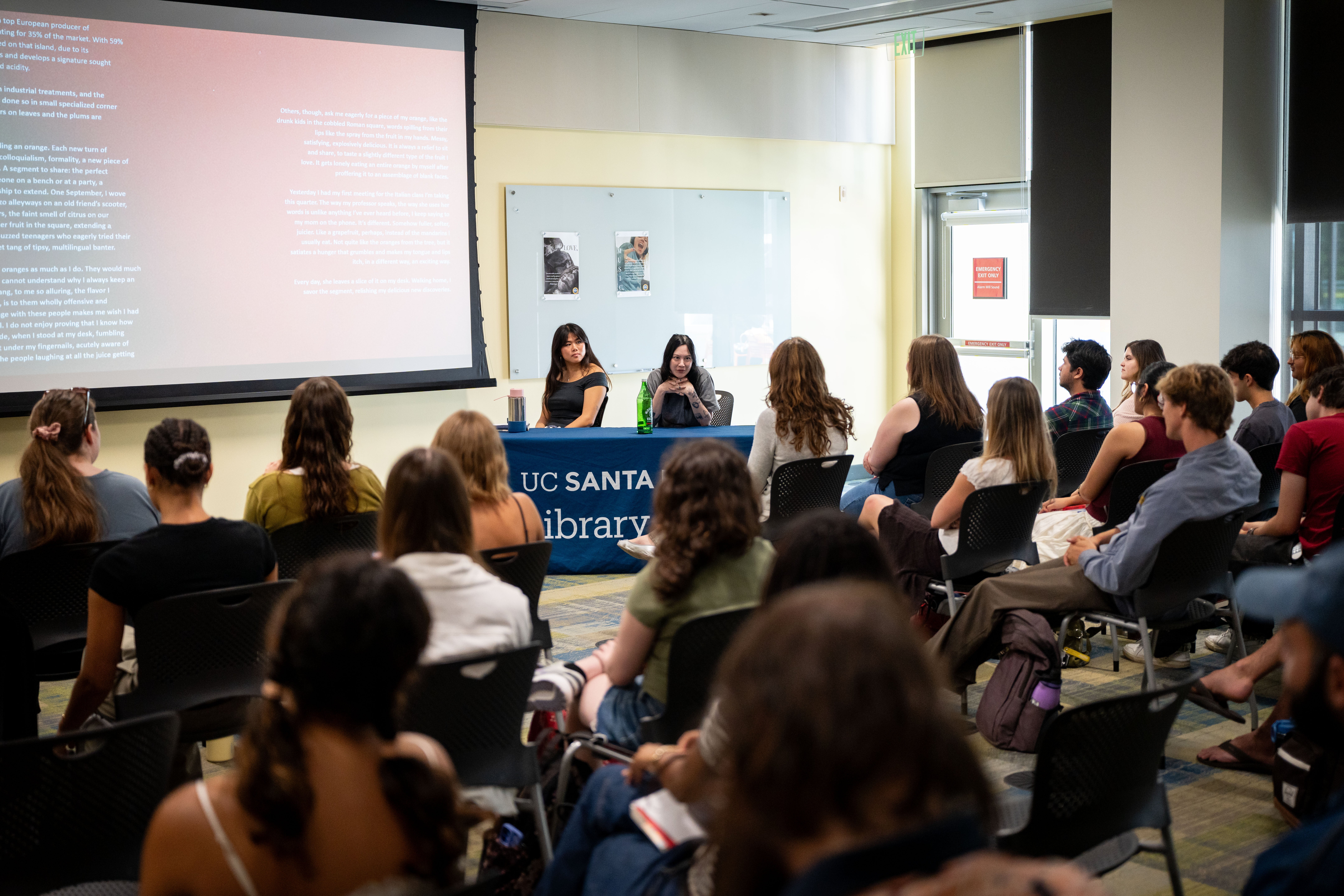 Michelle Zauner provides feedback to students in Professor Brian Donnelly's Catalyst Writing Collective class who had presented their creative works to her on May 7 during a special session held in the Library. The works will be included in the next issue of "The Catalyst," UCSB's Literary Arts Magazine.